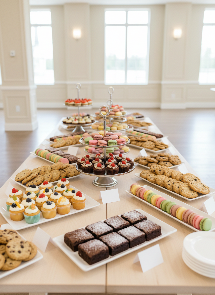 A bright, cheerful catering spread from a bakery laid out on a long, light-wood table, featuring neatly arranged platters of mini cupcakes, bite-sized brownies, colorful macarons, and assorted cookies, all meticulously organized in rows. Tiered stands add height and visual interest, while small blank tent cards suggest customizable options without showing any text. The scene is set in a modern, airy event space with neutral walls and soft, diffused daylight from large windows, creating even, flattering light. Photographic realism with a slightly elevated wide-angle composition, ensuring everything is in crisp focus. The mood is festive and welcoming, conveying that the bakery can handle polished, professional catering for gatherings of all sizes.