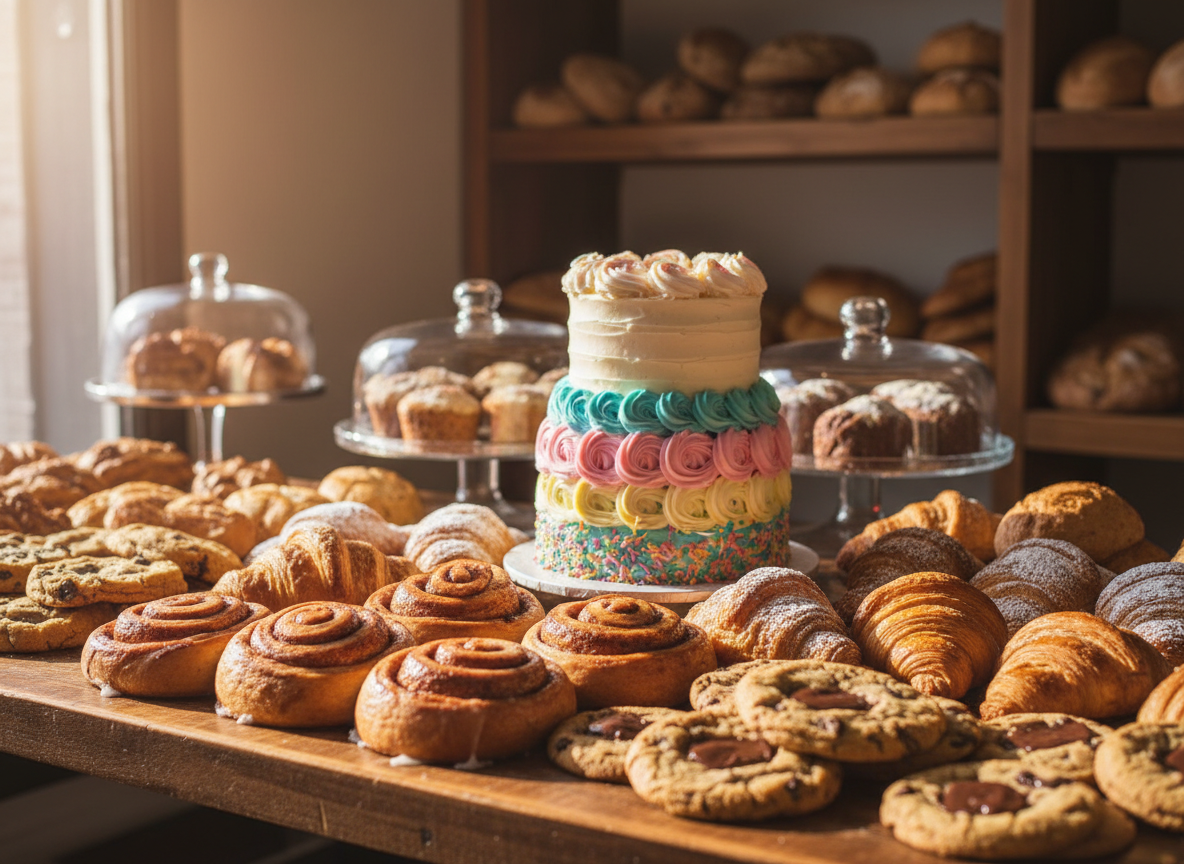 A generous assortment of freshly baked goods arranged on a rustic wooden bakery counter, featuring glossy cinnamon rolls, sugar-dusted croissants, chewy cookies with visible chocolate chunks, and a tall, layered celebration cake with playful pastel frosting swirls. In the background, softly blurred shelves display loaves of bread and cake stands, hinting at a cozy New Rochelle, NY bakery setting. Warm morning sunlight filters through an unseen front window, creating gentle highlights on the glazes and casting soft shadows. Photographic realism with a slightly elevated angle and shallow depth of field, capturing an inviting, playful atmosphere that feels like walking into a friendly neighborhood bake shop.