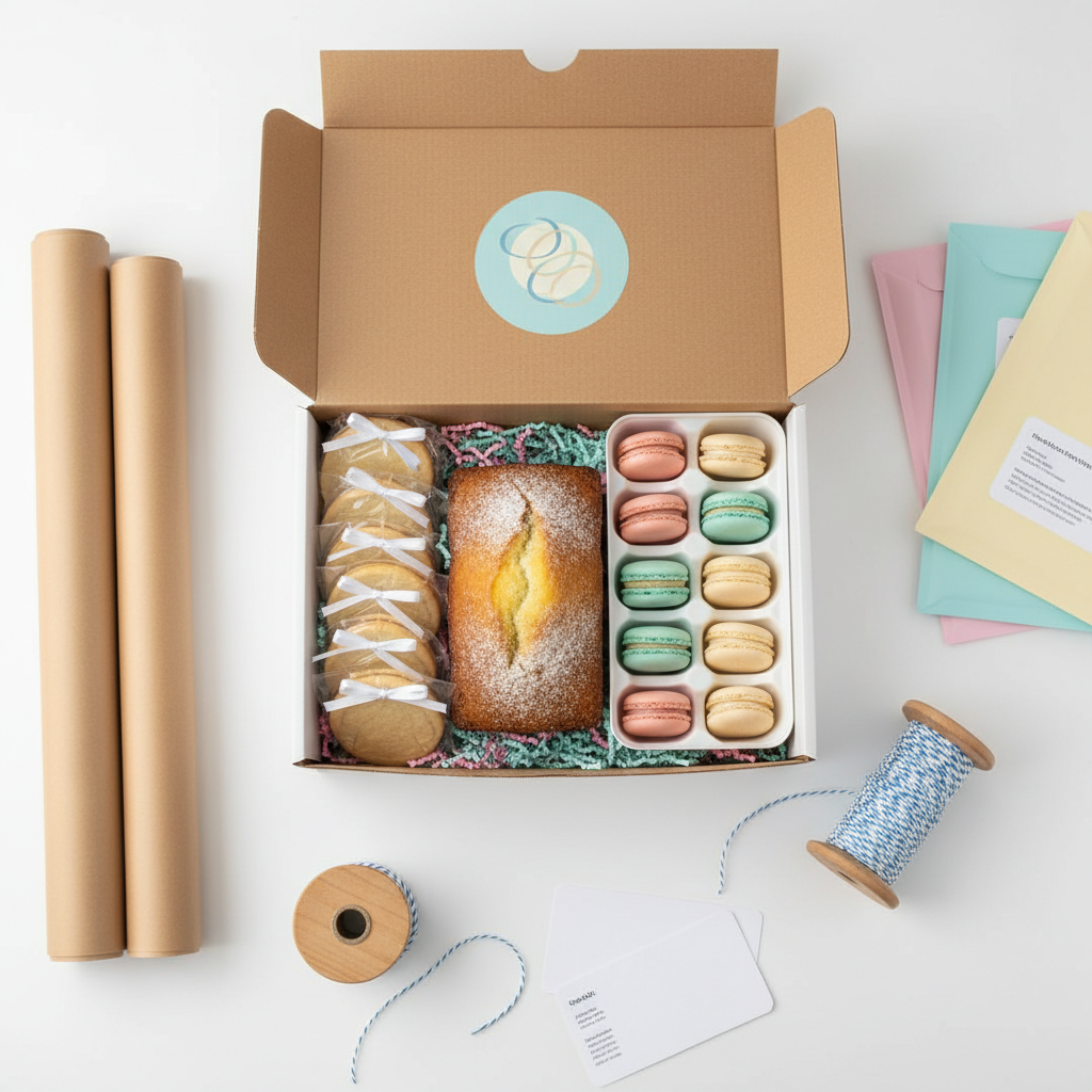 A playful bakery shipping scene with an open, branded-style cardboard box (no readable text) on a white table, filled with neatly arranged cookies in clear wrappers, a loaf cake nestled in crinkle paper, and a few pastel macarons carefully tucked into protective inserts. Around the box sit rolls of kraft paper, a spool of baker’s twine, cushioned mailers, and shipping labels turned away from the camera. Soft, overcast studio lighting from above and slightly to the side creates minimal shadows and a clean, professional look. Photographic realism, shot from a top-down, bird’s eye perspective with balanced composition, conveying careful packaging and nationwide shipping of delicate baked goods.