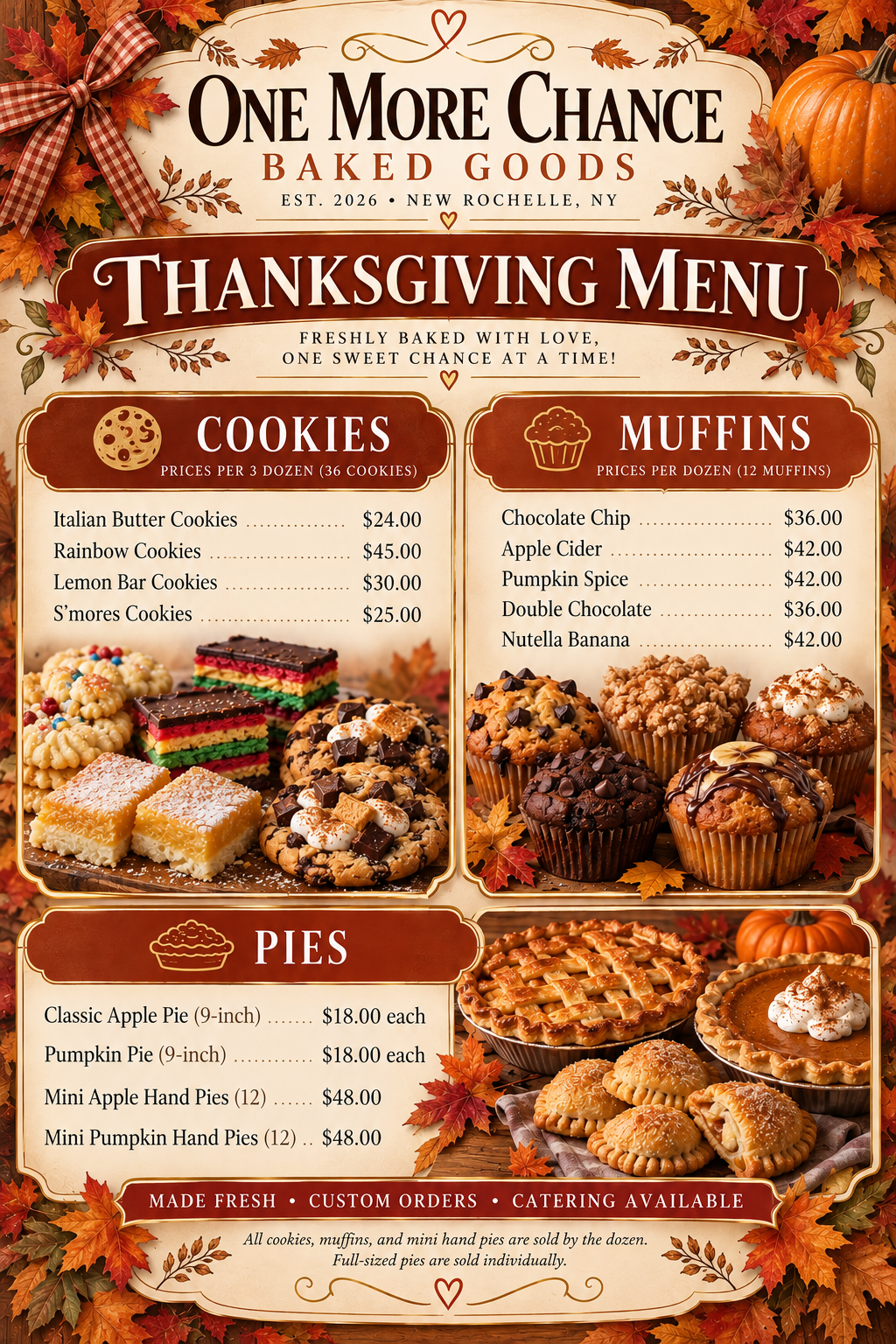 Thanksgiving menu featuring freshly baked cookies, muffins, pies, and custom-order information from One More Chance Baked Goods in New Rochelle, NY.